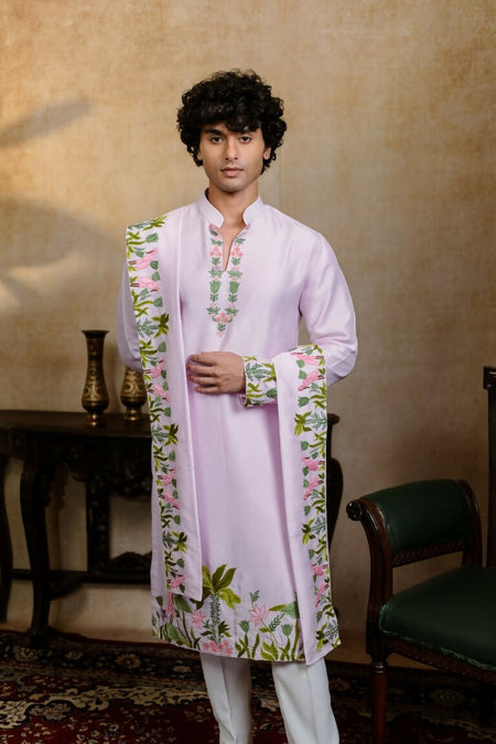 Falling Raw Silk Lavinder Taruni Hamsa Kurta Set By Hilo Design
