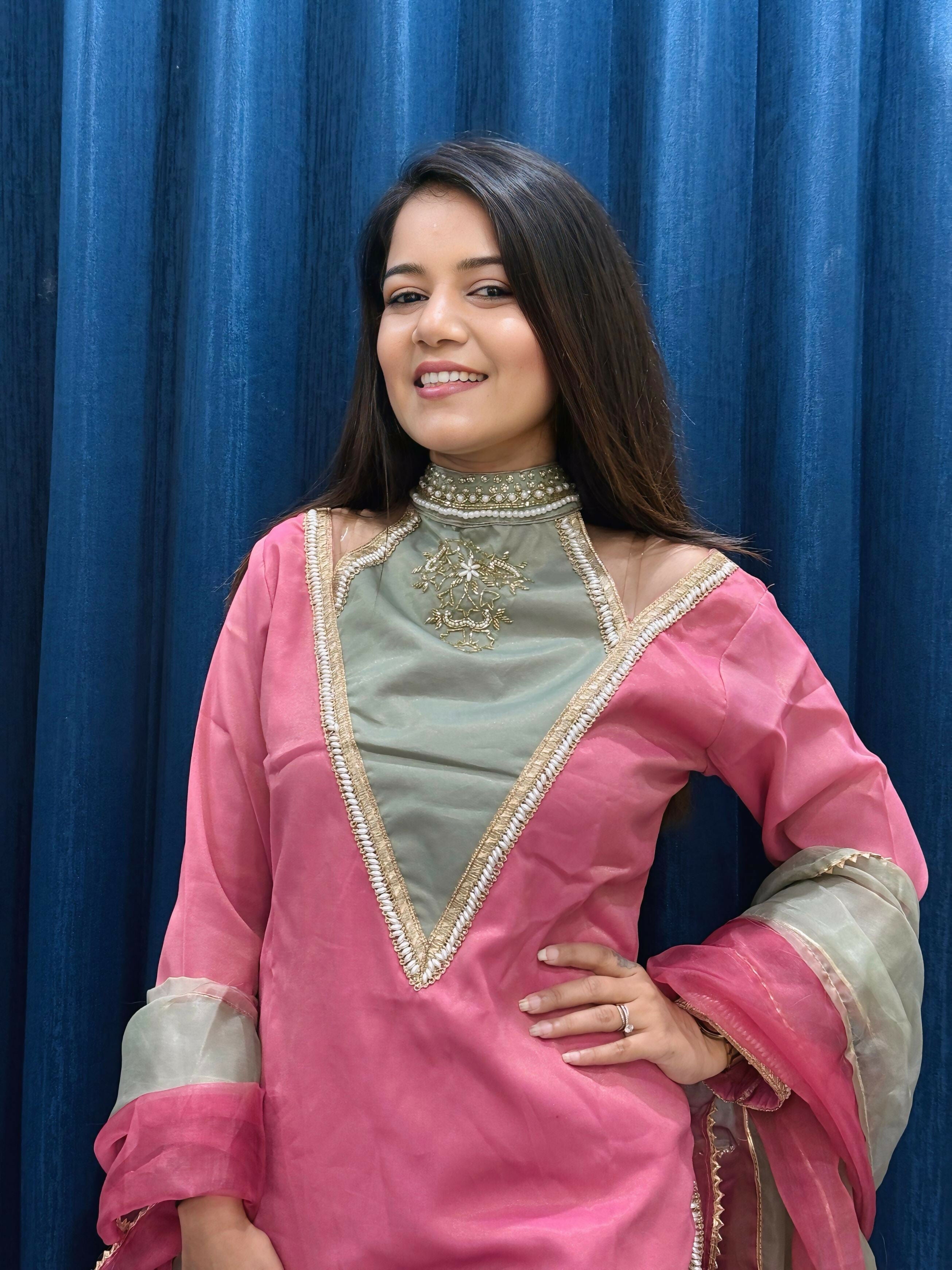 Anaita Rani-Pink Roman Shimmer Readymade Kurti Set with Designer Handwork - Distacart