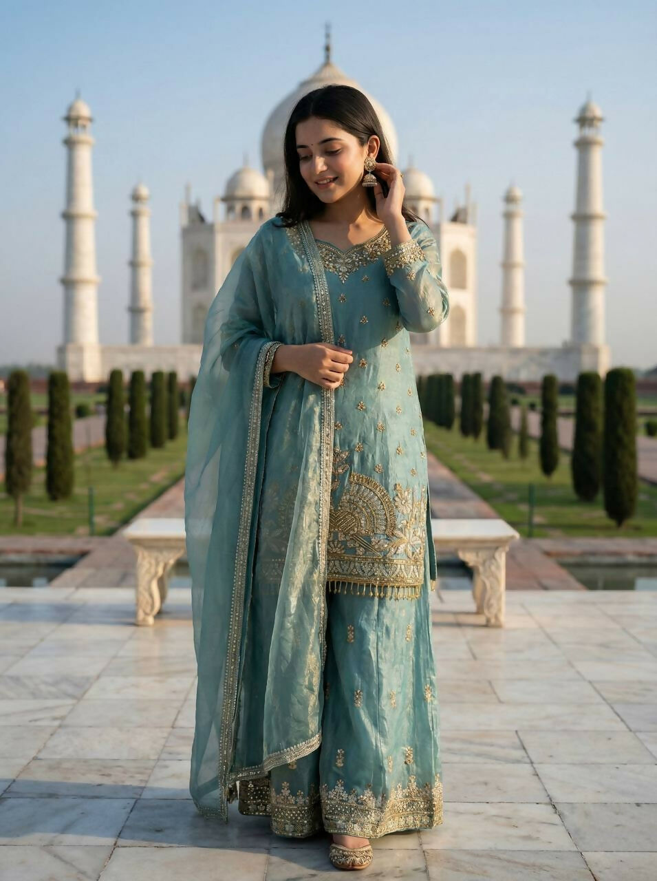 Teeya Creation Teal Fendy Silk Heavy Embroidery Work Party Wear Palazzo Suit - Distacart