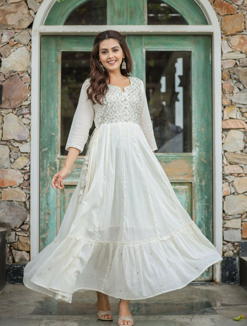 Kaajh Women's Off-White Floral Embroidered Cotton Ethnic Dress - Distacart