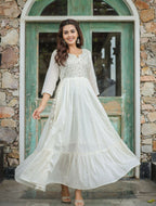 Kaajh Women's Off-White Floral Embroidered Cotton Ethnic Dress - Distacart