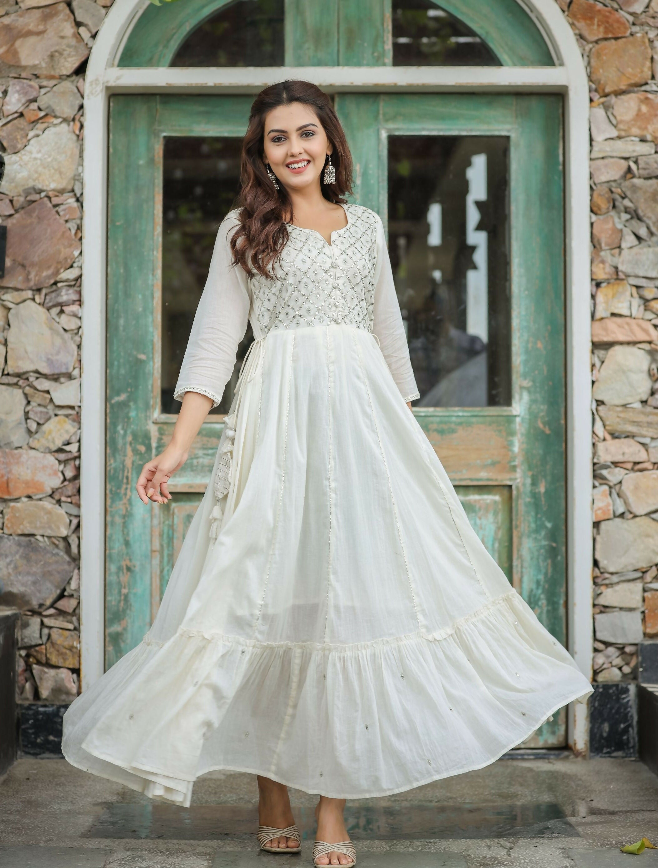 Kaajh Women's Off-White Floral Embroidered Cotton Ethnic Dress - Distacart