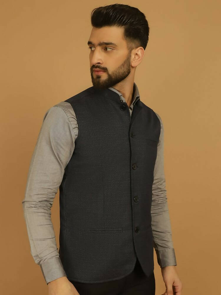 Even Apparels Nehru Jacket With Welt Pockets - Blue