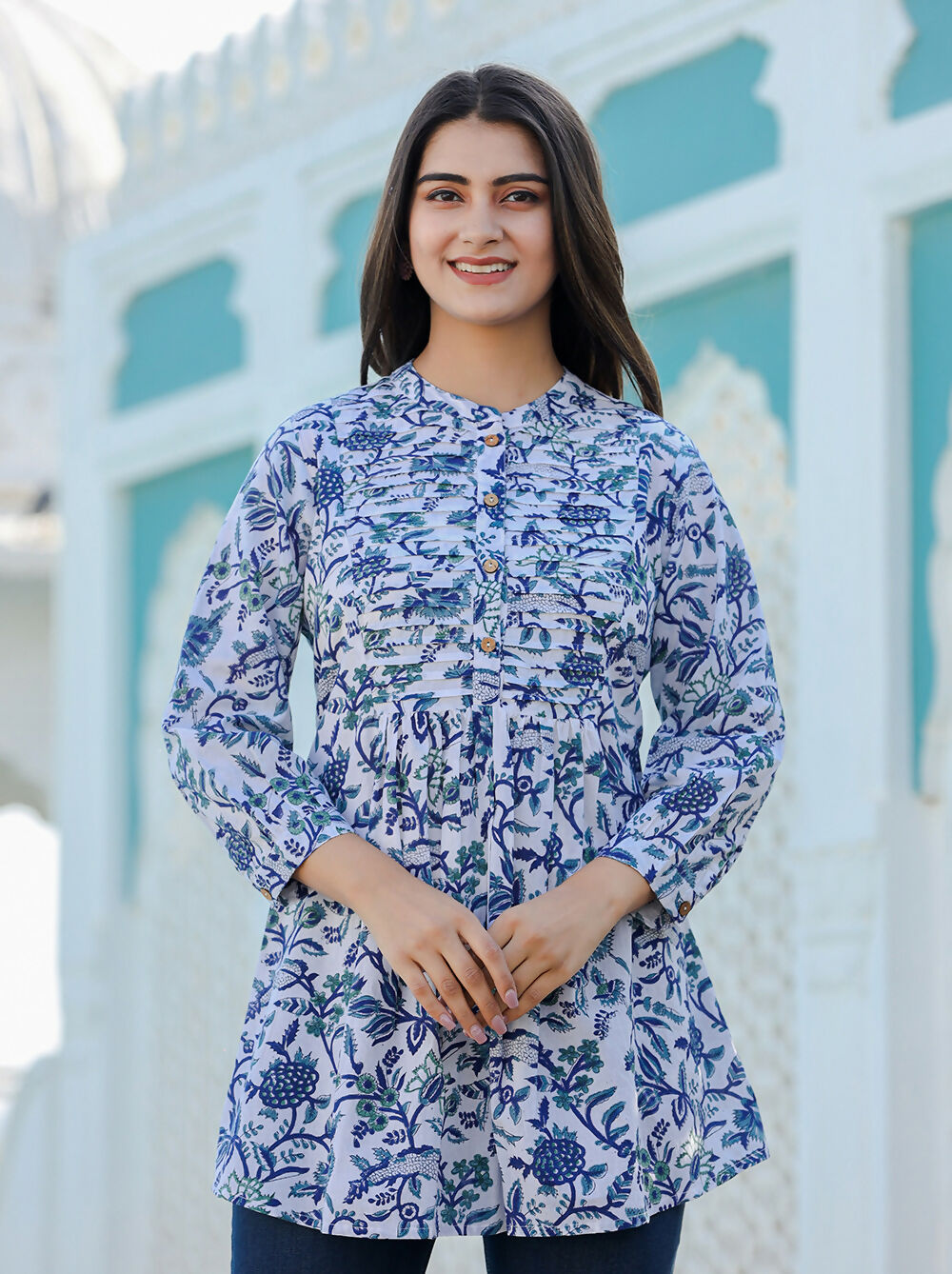 Kaajh Women's White-Blue Hand Block Printed Cotton Top