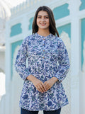 Kaajh Women's White-Blue Hand Block Printed Cotton Top