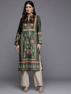 Ahalyaa Women Green & Pink Ethnic Motifs Printed Gotta Patti Velvet Kurta - Distacart