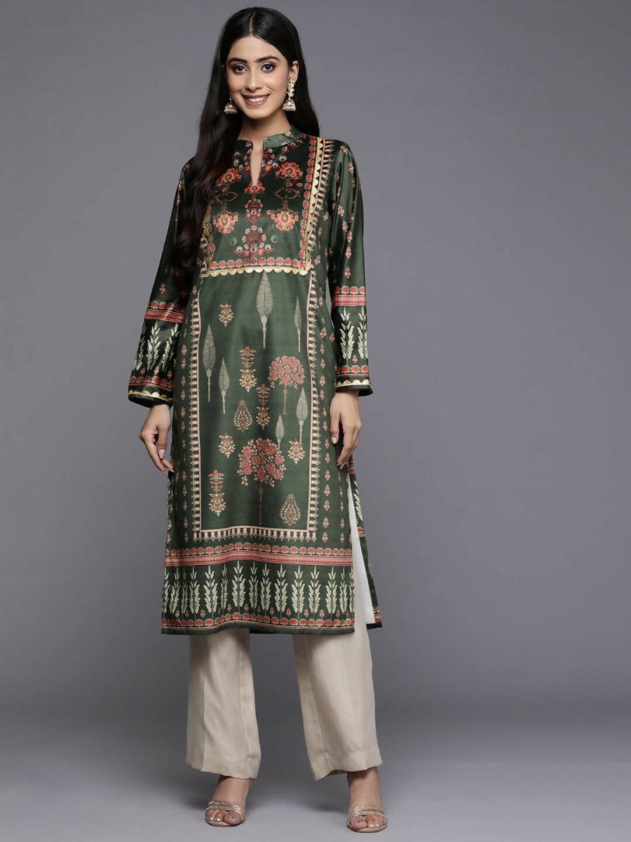Ahalyaa Women Green & Pink Ethnic Motifs Printed Gotta Patti Velvet Kurta - Distacart