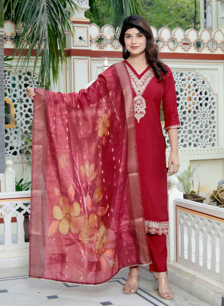 Miravan Women's Embroidered Pure Silk Red Kurta with Palazzo and Dupatta
