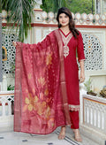 Miravan Women's Embroidered Pure Silk Red Kurta with Palazzo and Dupatta