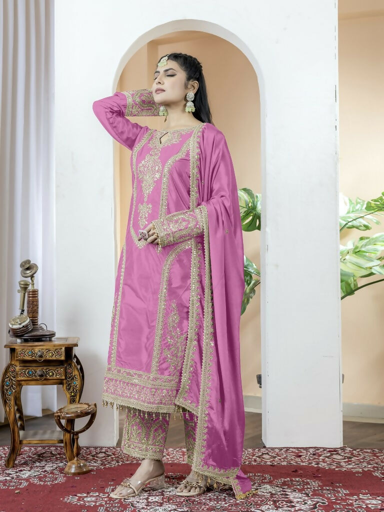 Teeya Creation Baby Pink Color Chinnon Silk Embroidery Work Fully Stitched Salwar Suit - Distacart
