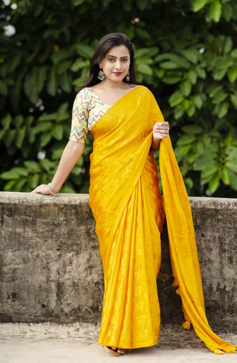 Mustard Silk Blend Ethnic Motifs Saree with Unstitched Blouse - Hiral Fashion