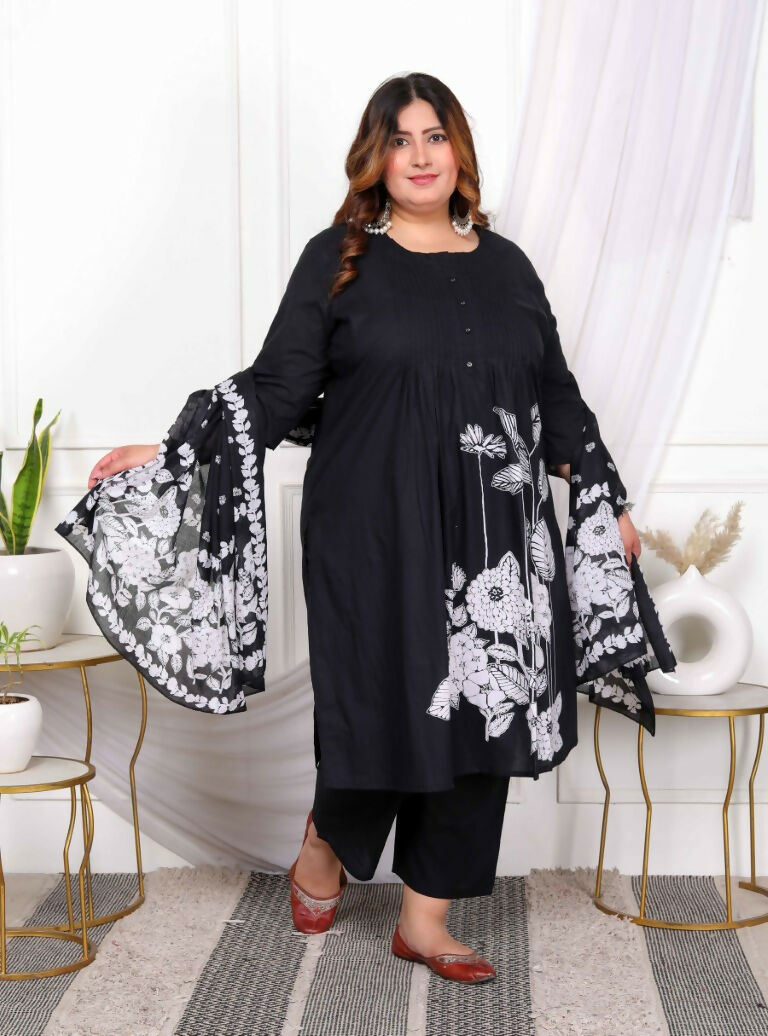 Miravan Women's Plus Size Black Pintucks Detailing Straight Kurta and Palazzo with Dupatta Set