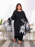 Miravan Women's Plus Size Black Pintucks Detailing Straight Kurta and Palazzo with Dupatta Set