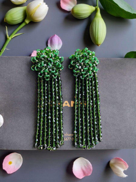 Inhanns Handmade Crystal Waterfall Earrings - Long - Dark Green Big