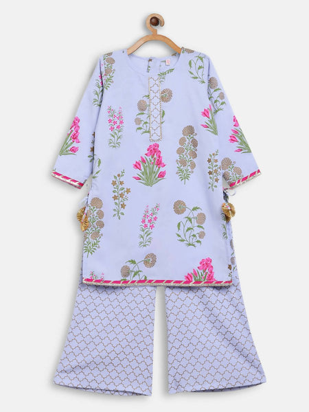 Ahalyaa Blue Crepe Printed Kids Kurta Palazzo Set For Girls