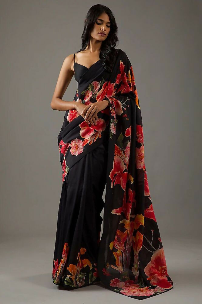 Black Bright Moss Designer Digital Printed Party Wear Saree - Be Verly