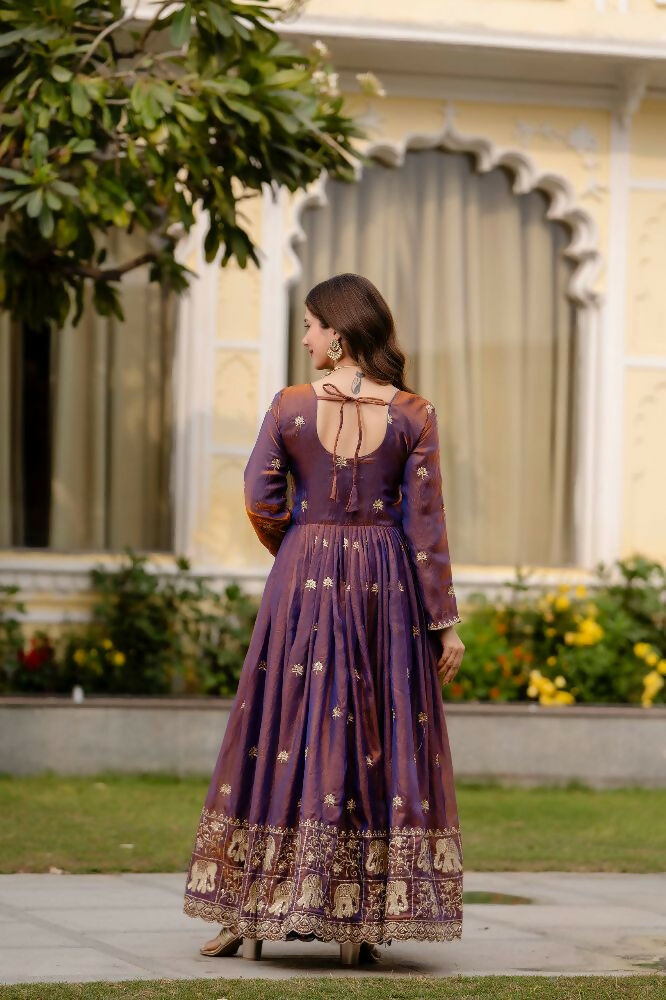 Teeya Creation Wine Primium Fendy Satin Silk Embroidery Work Wedding Wear Gown - Distacart