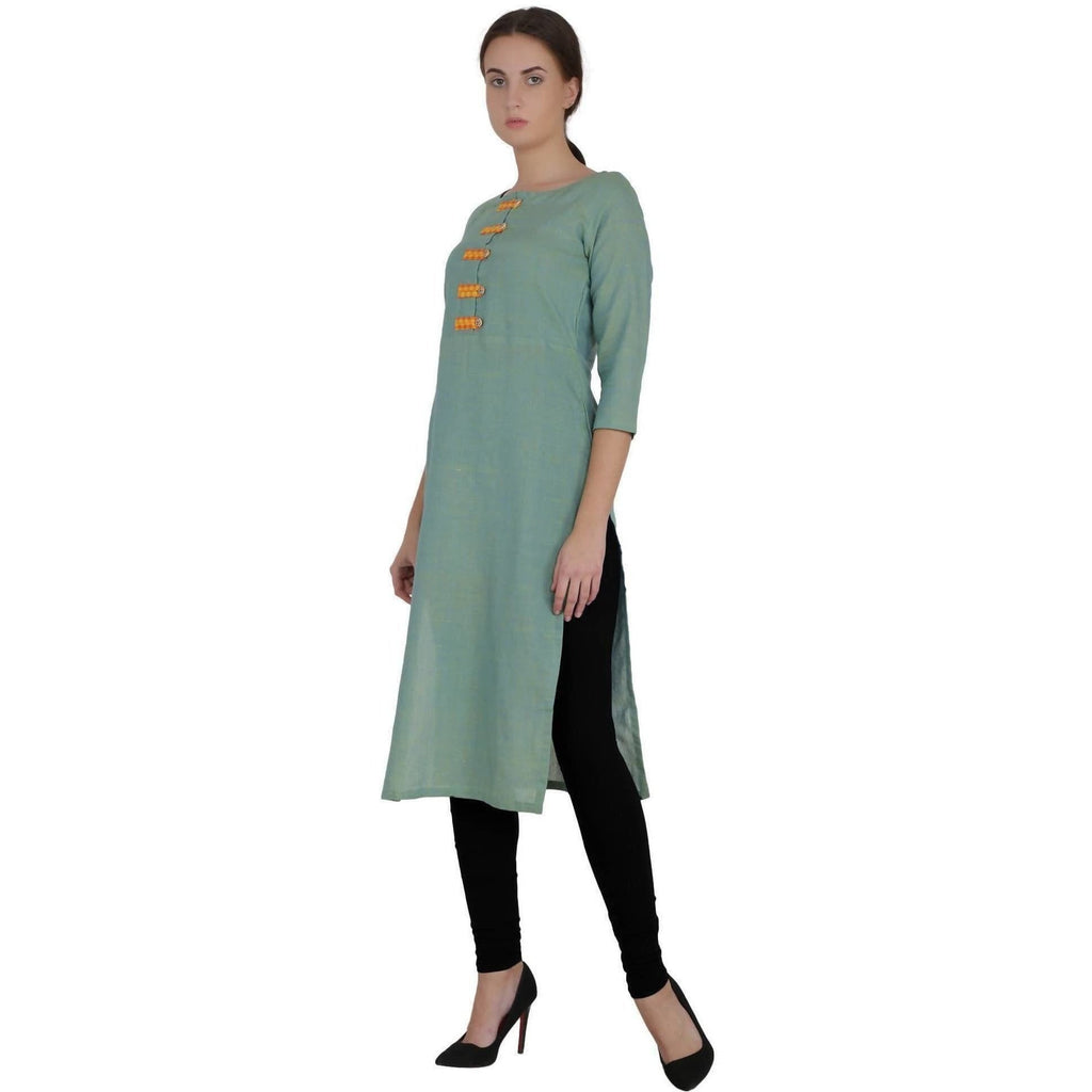 Kanoor Women's Green Cotton Straight Kurti