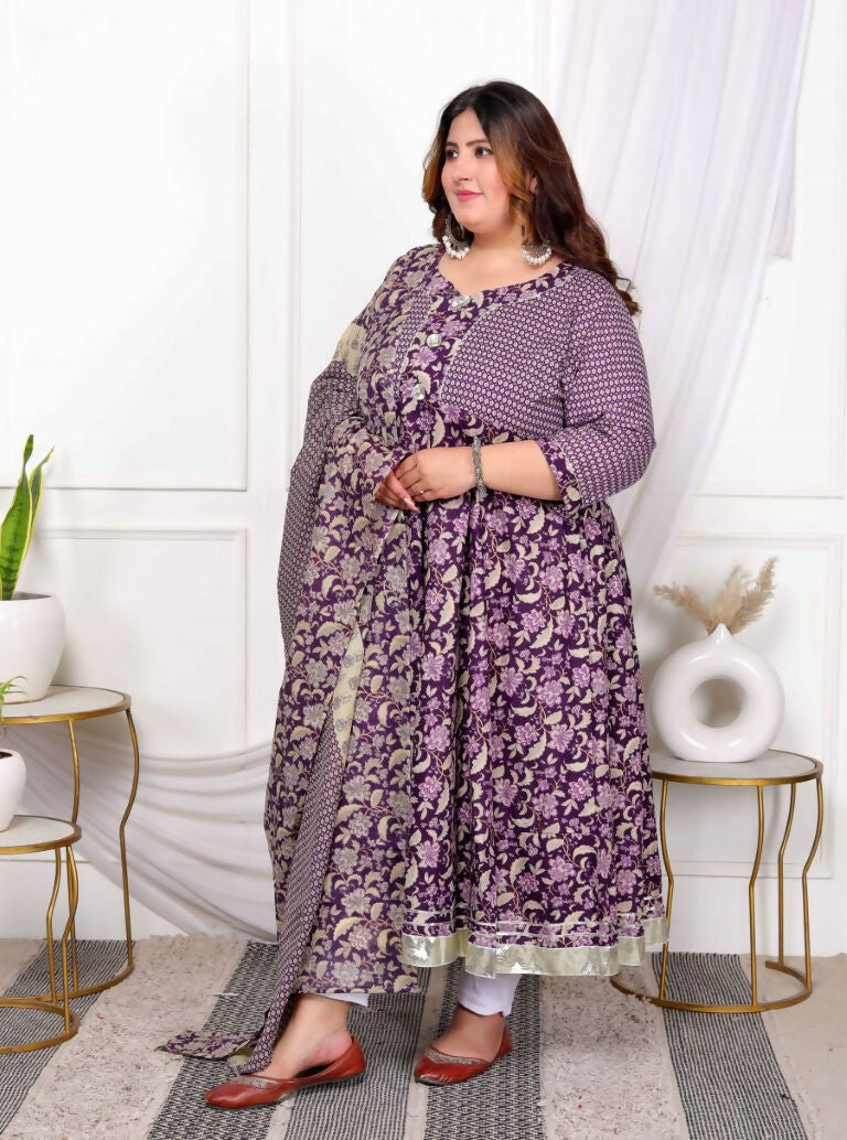 Miravan Women's Plus Size Purple cotton Floral Gota Lace Work Anarkali Kurta And Dupatta