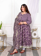 Miravan Women's Plus Size Purple cotton Floral Gota Lace Work Anarkali Kurta And Dupatta
