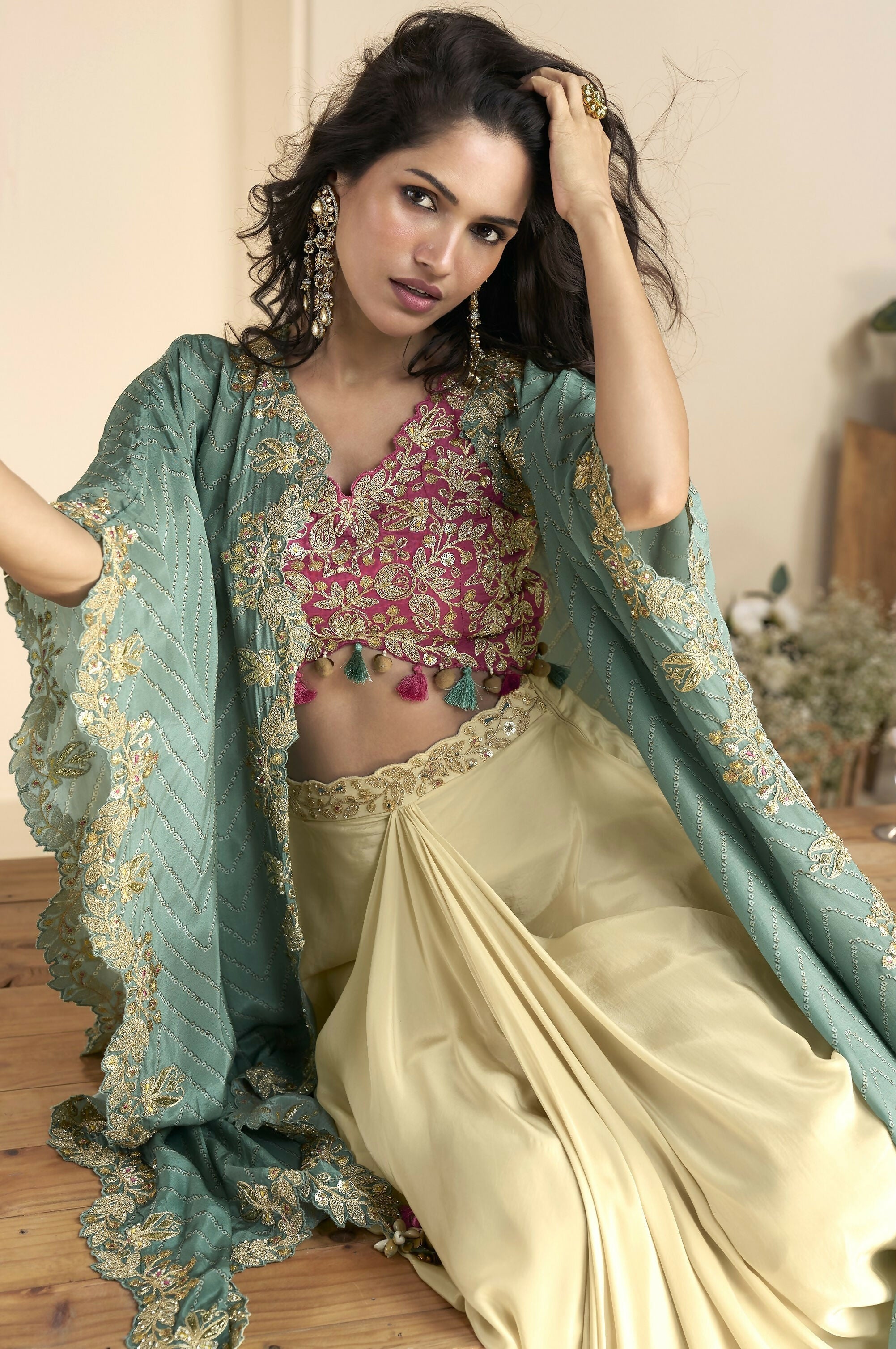Anaita Maroon Chinon Free Size Readymade Shrug Suit with Embroidery Sequence Work (Free Size) - Distacart
