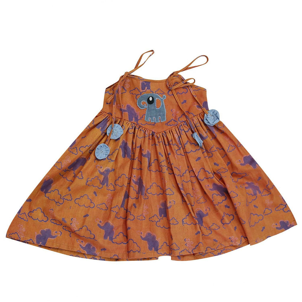 Mhyssa Pleated Sleeveless Orange and Blue Round Neck Frock