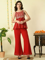 Myshka Women's Red Georgette Top With Palazzos Party Sets