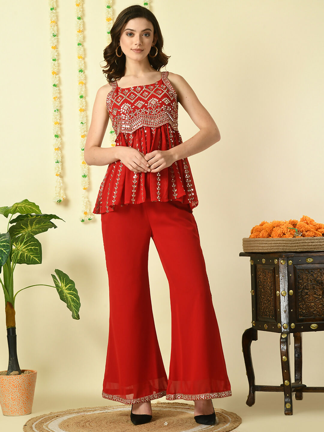 Myshka Women's Red Georgette Top With Palazzos Party Sets