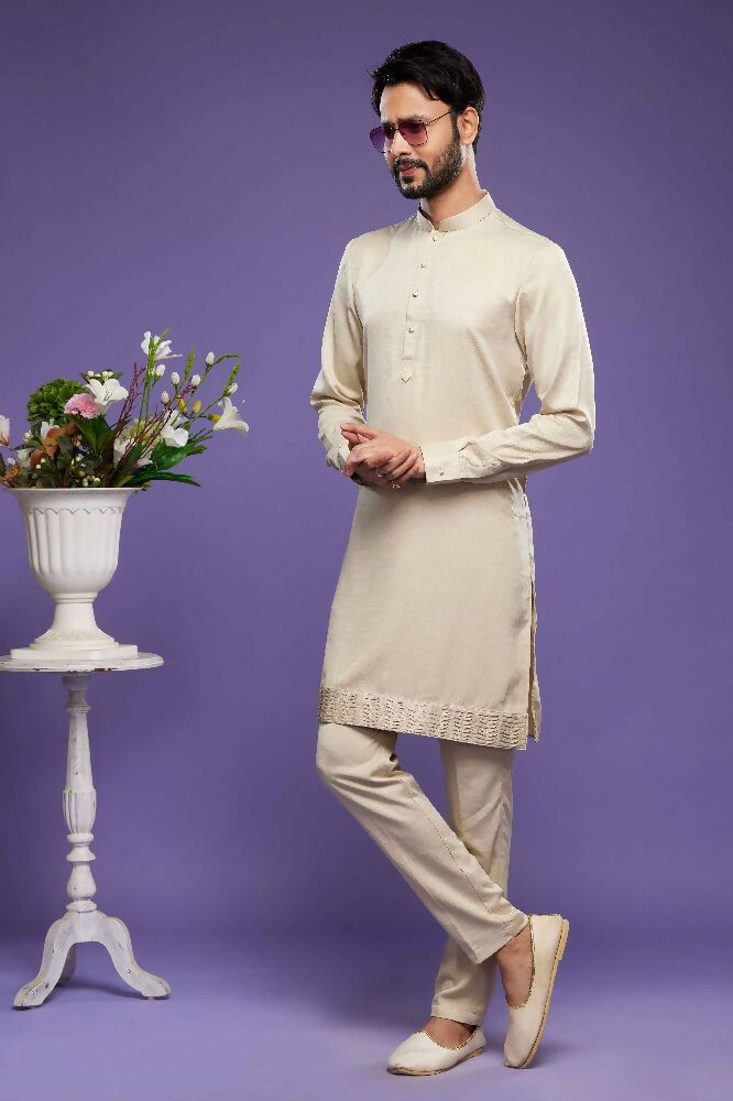 Raivat Ethnic Art Banarasi Silk Thread Work Kurta Pajama In Beige Colour