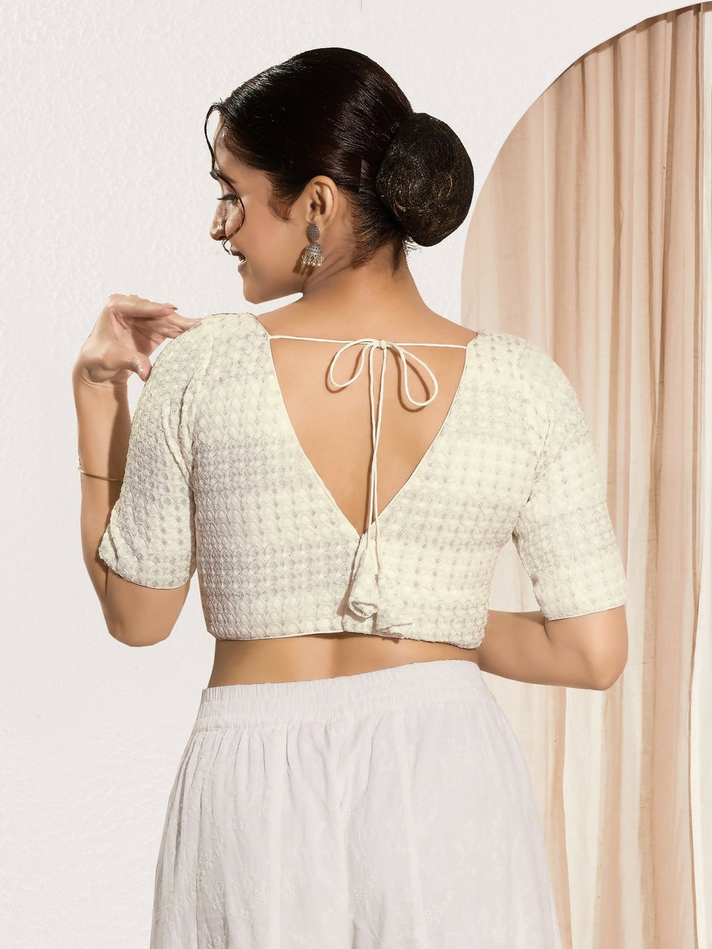 Joban Fashion Off White Crochet Padded Blouse With V Neck Elbow Sleeves - Distacart