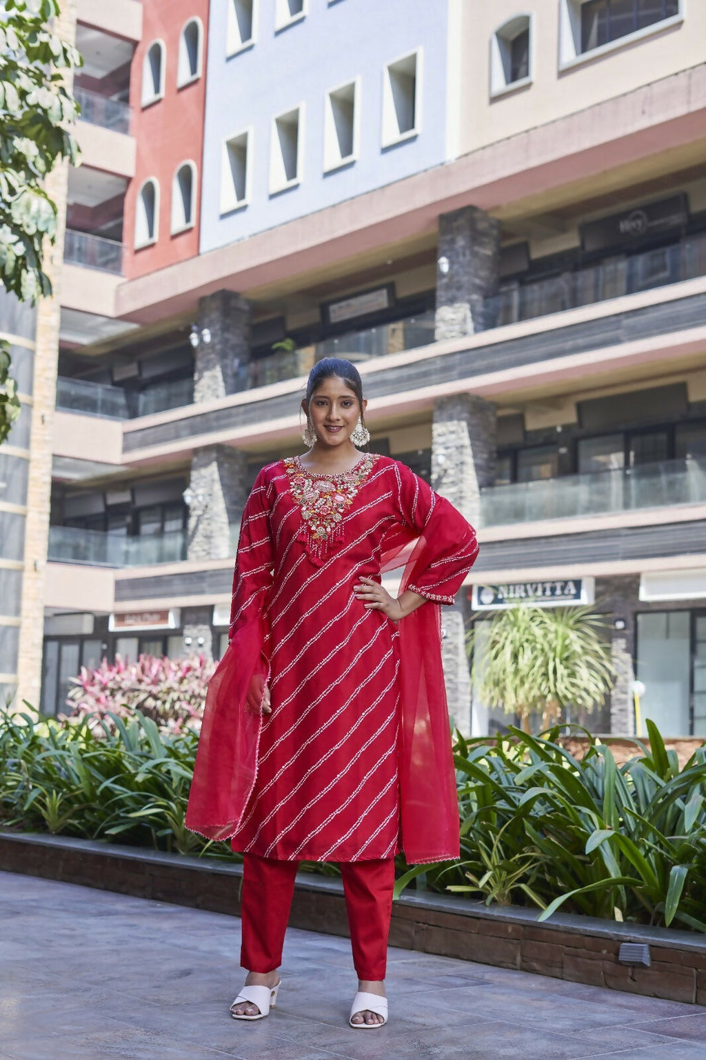 Joban Fashion Red Premium Pure Viscose Print Dola With Handwork Kurta Set