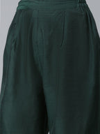 Ahalyaa Dark Green Chanderi Solid Kurta With Palazzo And Dupatta Set