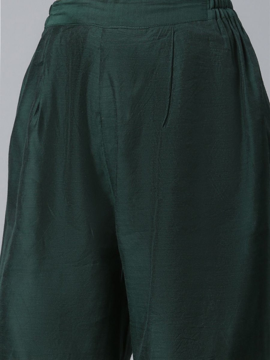 Ahalyaa Dark Green Chanderi Solid Kurta With Palazzo And Dupatta Set