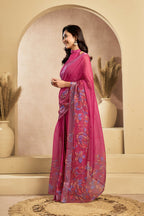 Vastranavya Pink Digital Printed Linen Ready To Wear Designer Saree with Unstitched Blouse - Distacart