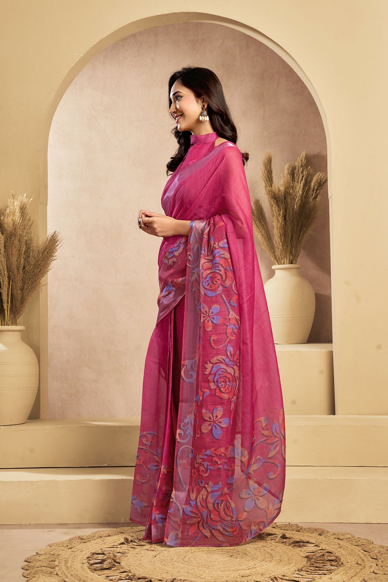 Vastranavya Pink Digital Printed Linen Ready To Wear Designer Saree with Unstitched Blouse - Distacart