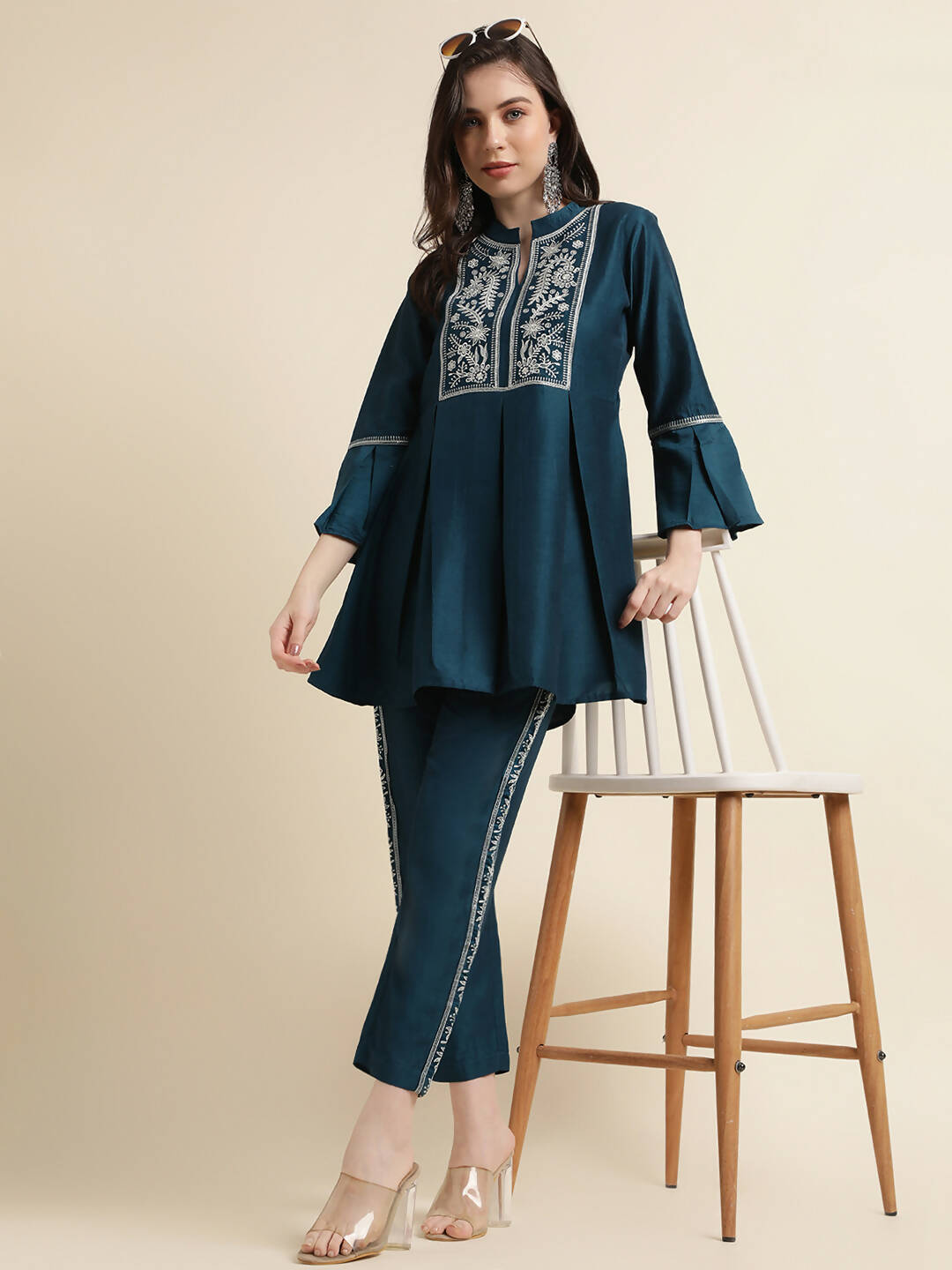 Teal Chinon Floral Embroidered Top with Bottom - Maanushi