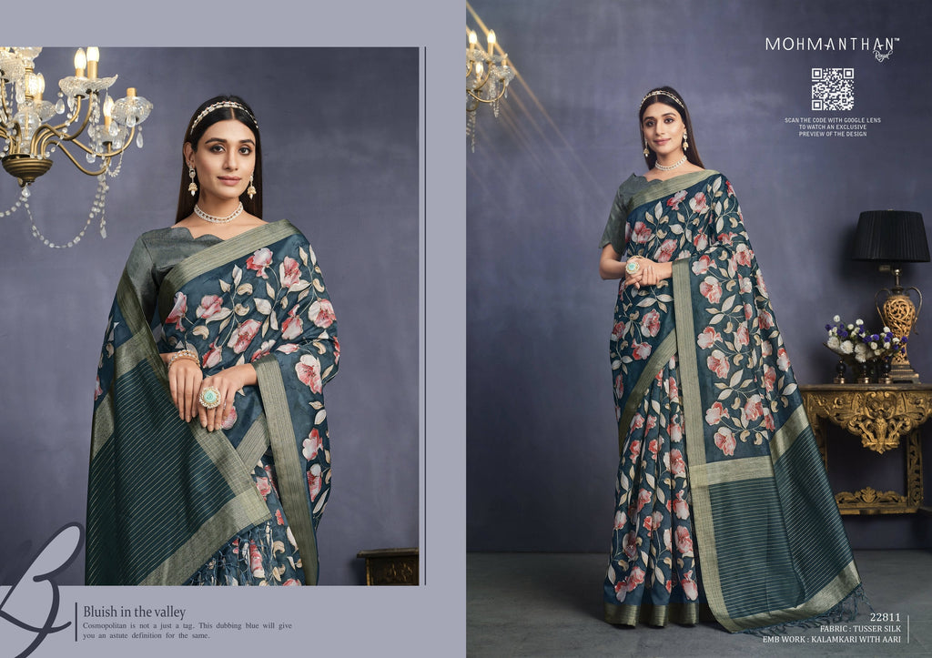 Teal Tusser Silk Floral Printed With Sequence Embroidered Saree With Unstitched Blouse - Mohmanthan Aahana