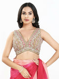 Joban Fashion Cream Multi Georgette Padded Blouse With V Neck Sleeveless - Distacart