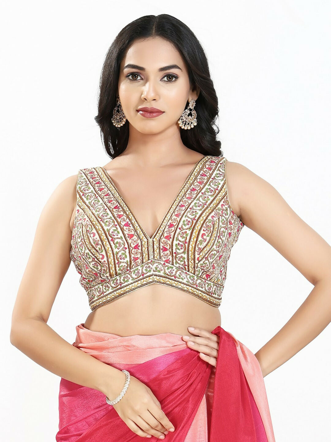 Joban Fashion Cream Multi Georgette Padded Blouse With V Neck Sleeveless - Distacart