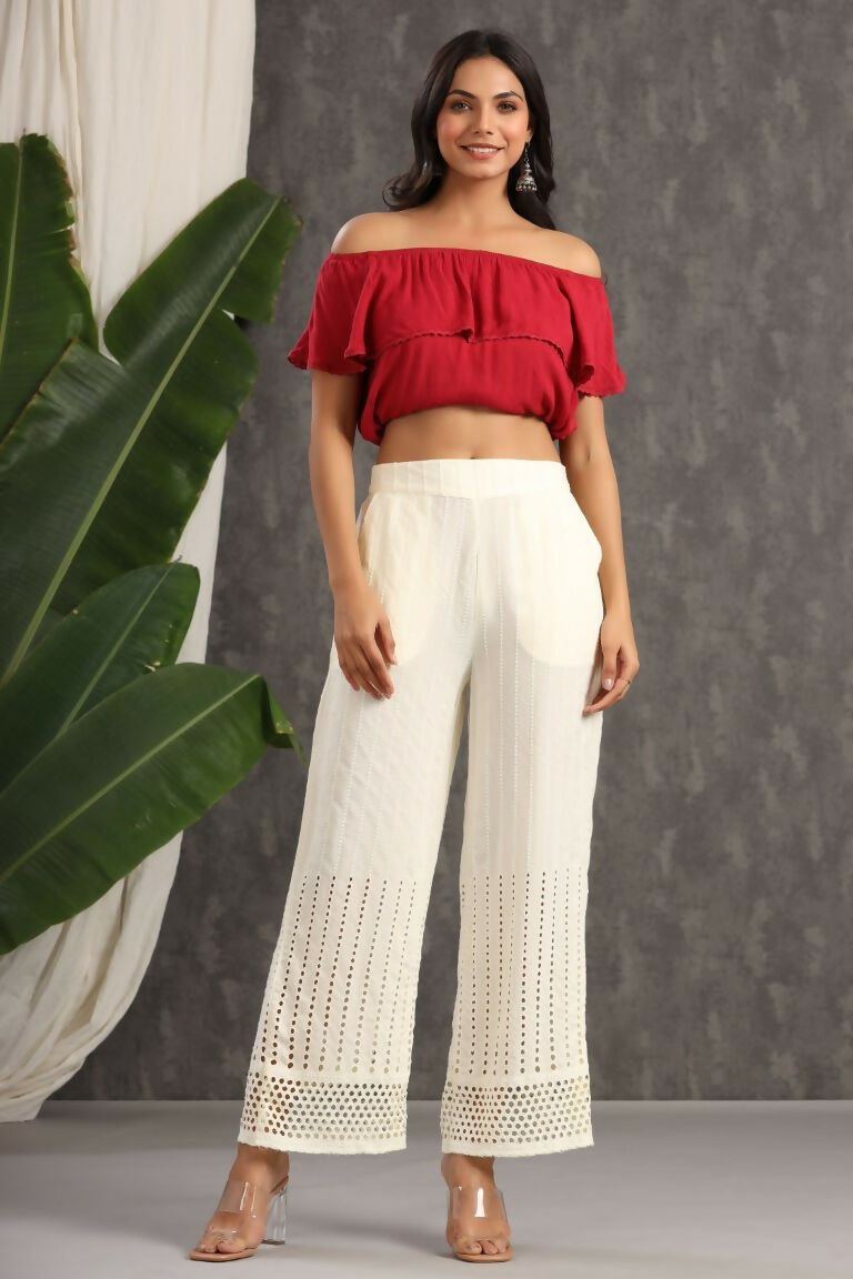 Juniper Ivory Rayon Schiffli Flared Palazzo
