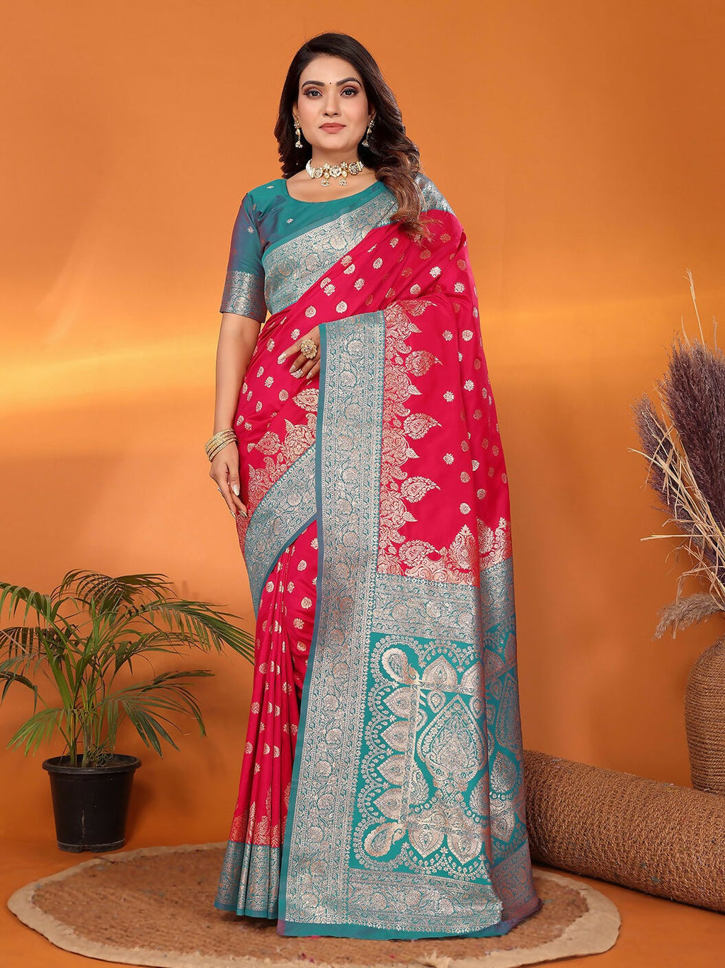 Joban Fashion Banarasi Hot Pink Woven Soft Silk Saree - Distacart