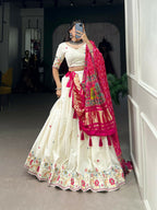 Vastranavya Traditional Special Khadi Cotton Sequins And Thread Embroidery Work Lehenga with Unstitched Blouse - White