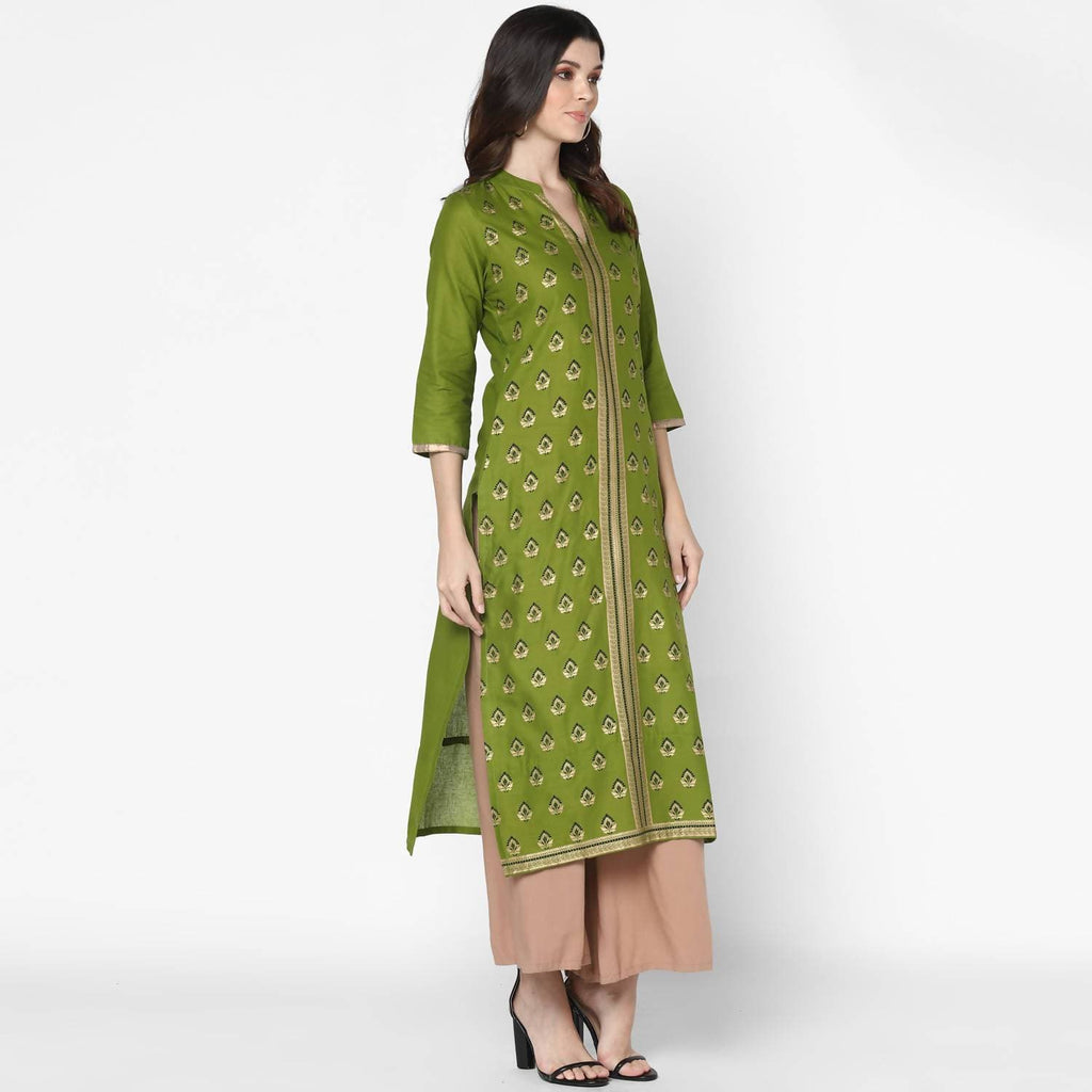 Cheera Hand Block Print Olive Green & Skin Color Straight Kurta With Palazzo (MAAI-070K)