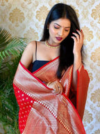 DEIANA'S Beautiful Designer Golden zari Soft Lichi Silk Saree - Red