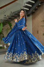 Teeya Creation Blue Color Chinon Silk Party Wear Long Gown - Distacart