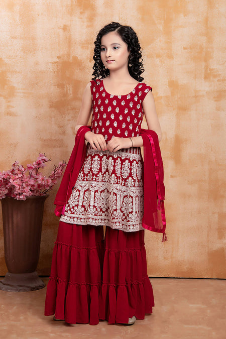 Kids Wedding Designer Maroon Faux Georgette Fabric Sharara Suit - Aaradhna