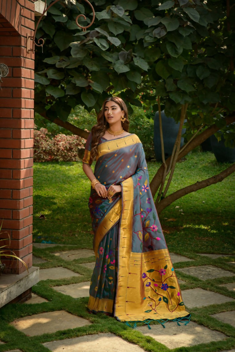 Jyoti Fashion Women's Morpich Paithani Silk Zari Woven Saree with Blouse