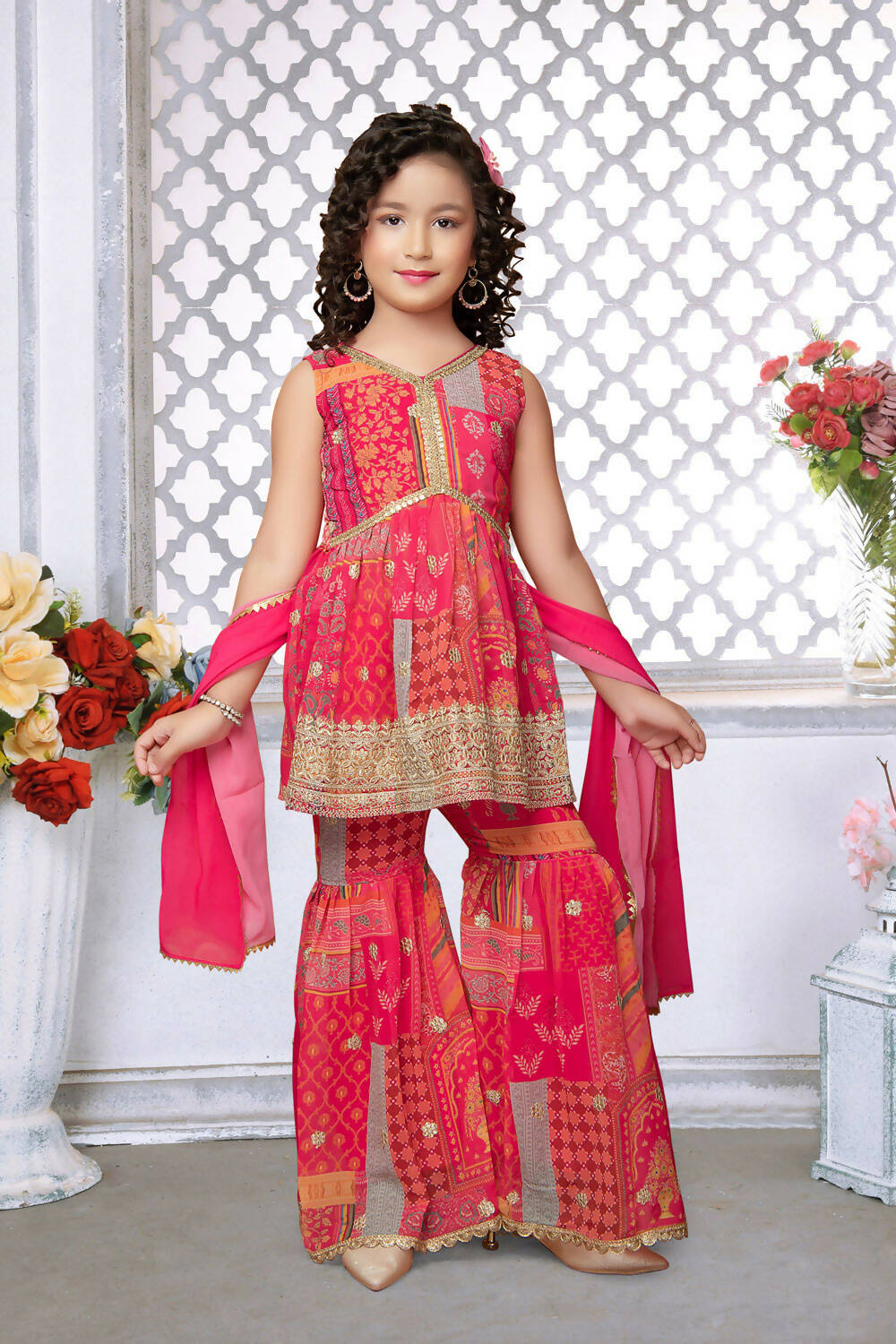 Kids Functional Designer Pink Faux Georgette Sharara Suit- Aaradhna