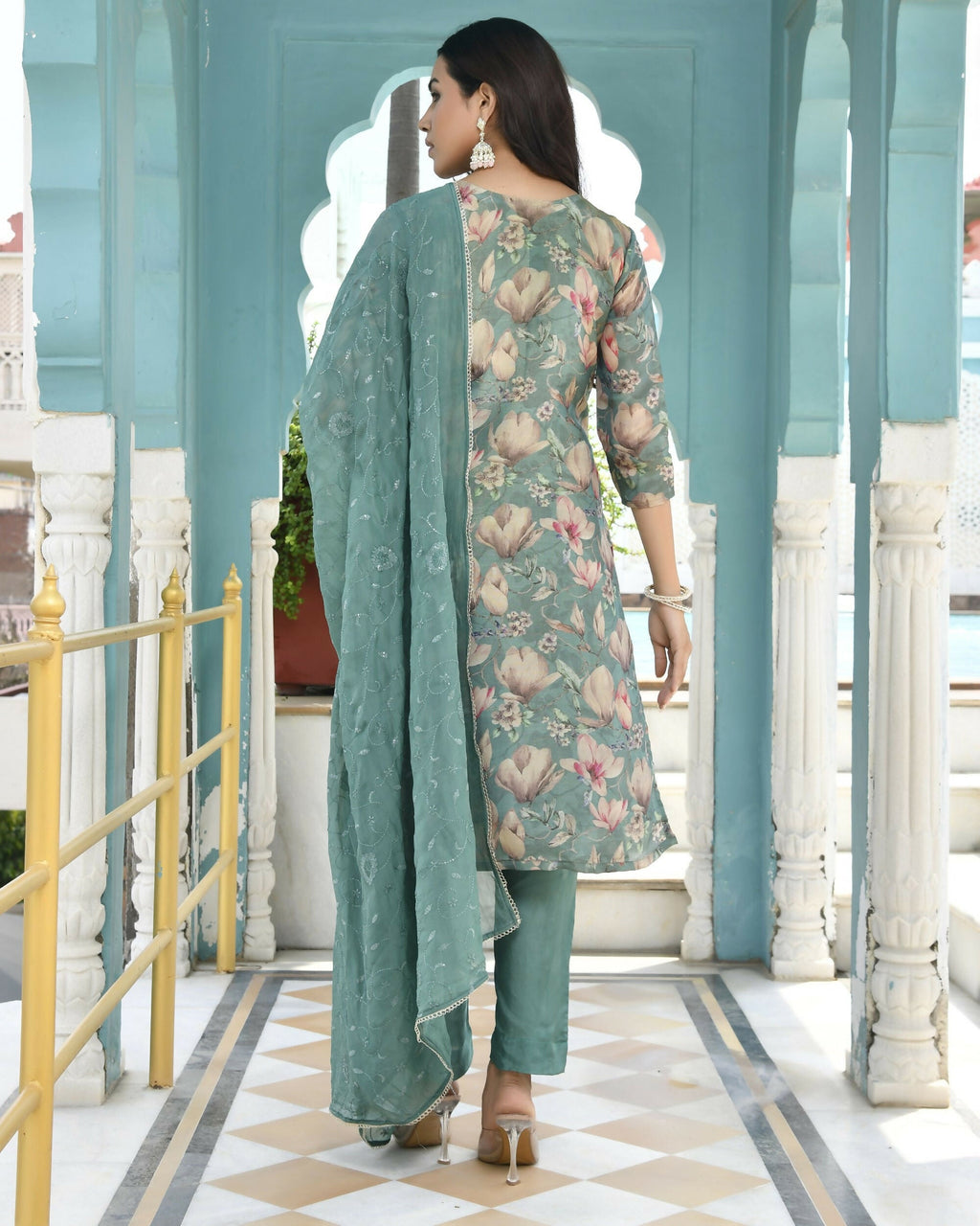 Vaasva Women's Teal Tissue Embroidered Suit Set With Solid Pant And Embroidered Dupatta