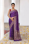 Joban Fashion Purple Crepe Chiffon Pure Handloom Banarasi Silk Saree
